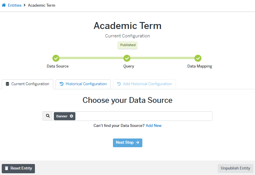 Screen showing a published entity and the Unpublish Entity button.